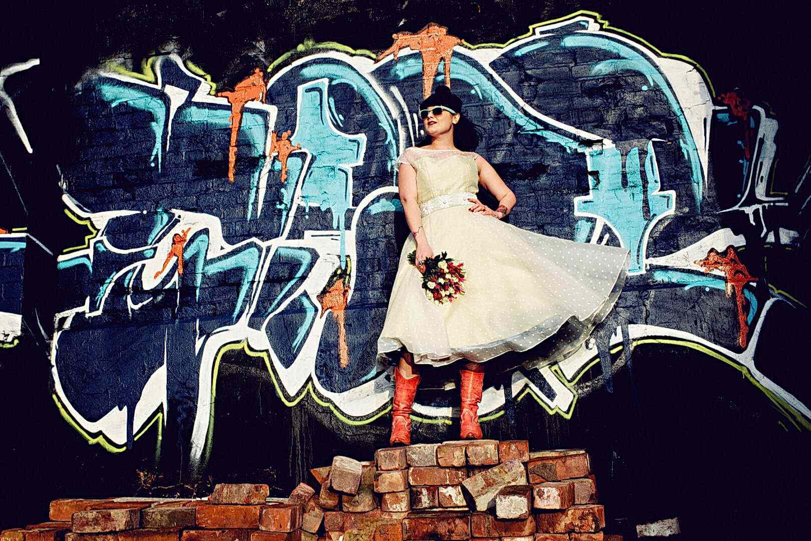 The Couture Company Alternative Bespoke Custom Made Wedding Quirky Dresses Rockabilly 1950s Tea Length Swing Vintage Lace Tattoo Tattooed Bride Petticoats Coloured Bird Swallow Steph0551